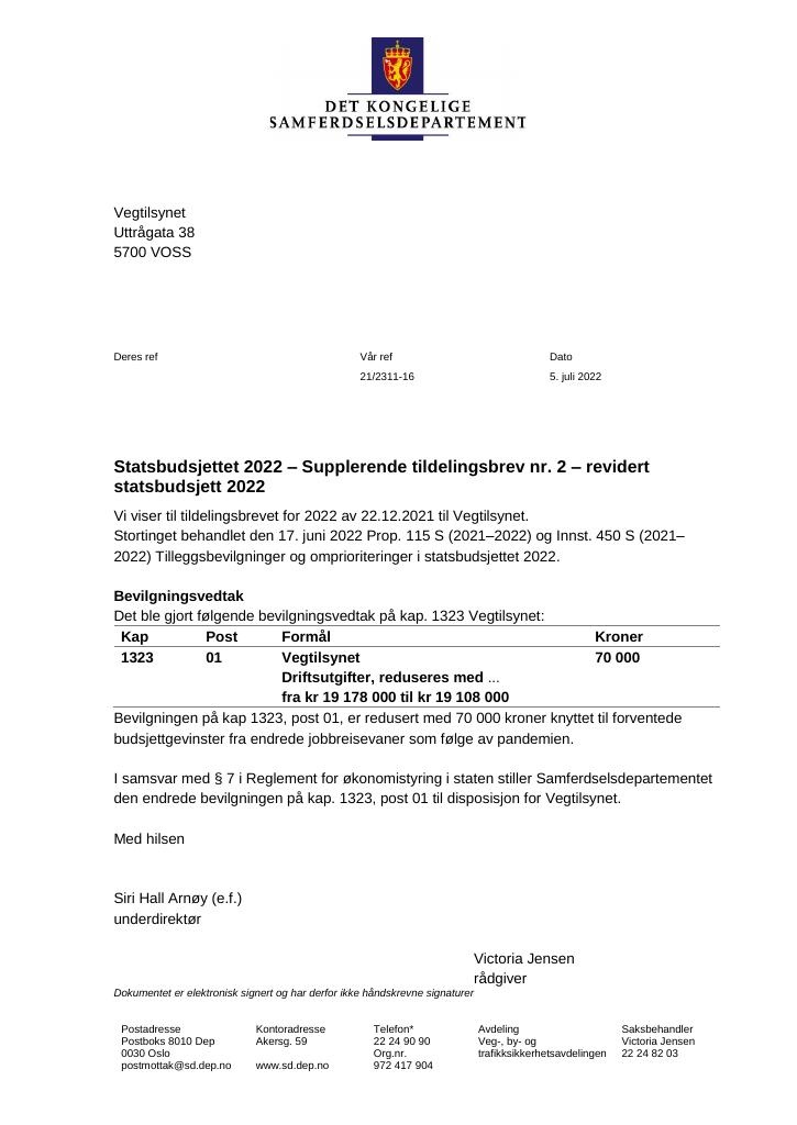 Forsiden av dokumentet Tildelingsbrev Vegtilsynet 2023 - tillegg nr. 2