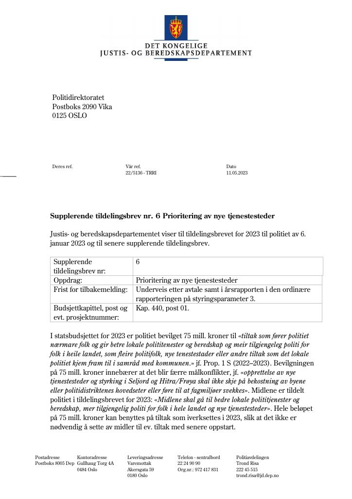 Forsiden av dokumentet Tildelingsbrev Politidirektoratet 2023 - tillegg nr. 6