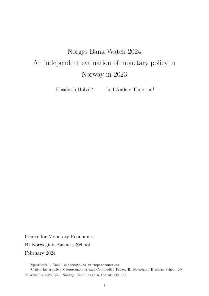 Forsiden av dokumentet Norges Bank Watch 2024 - 
An independent evaluation of monetary policy in Norway in 2023