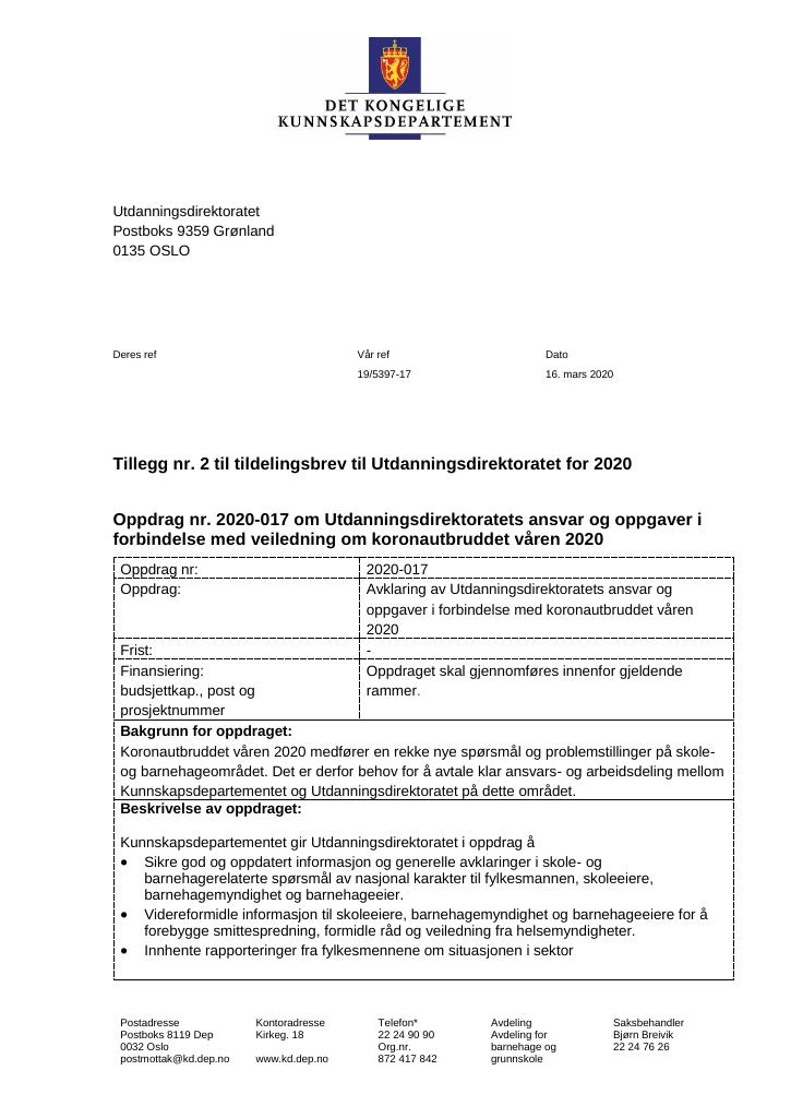 Forsiden av dokumentet Tillegg nr. 2 til tildelingsbrev 2020