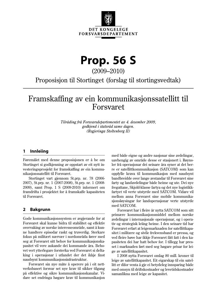 Forsiden av dokumentet Prop. 56 S (2009-2010)