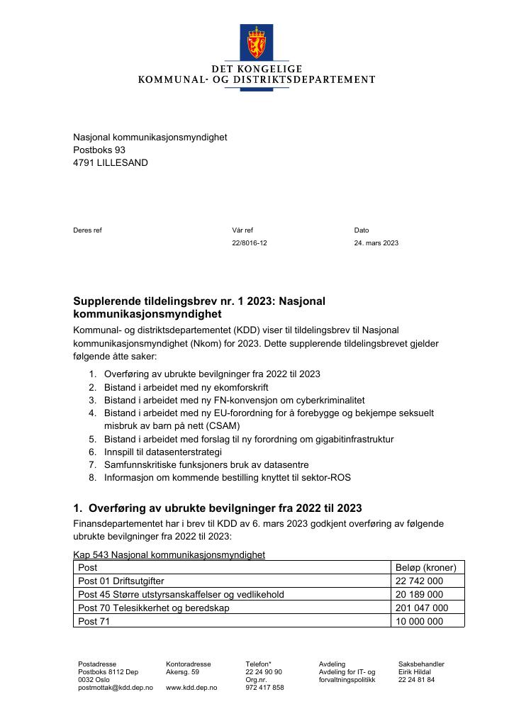 Forsiden av dokumentet tilleggsbrev nr. 1 (pdf) 2023