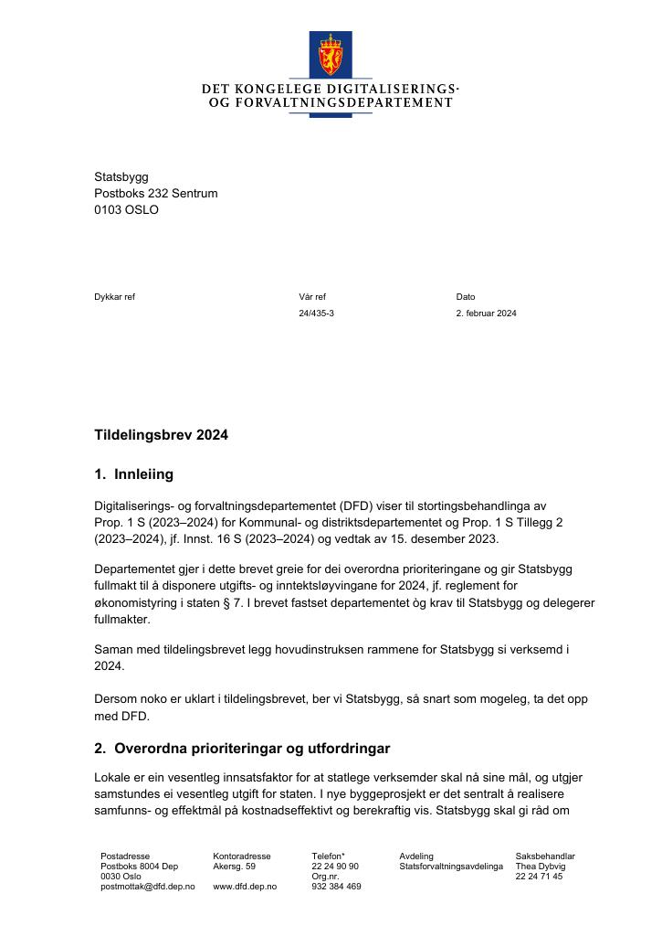 Forsiden av dokumentet Tildelingsbrev(pdf)