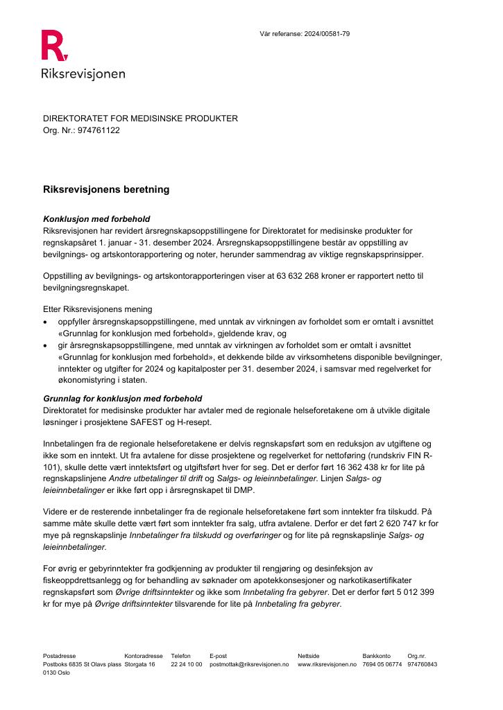 Forsiden av dokumentet Revisjonsberetning Direktoratet for medisinske produkter 2024