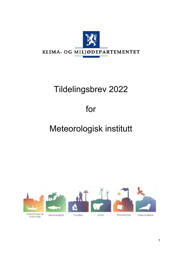 Forsiden av dokumentet Tildelingsbrev Meteorologisk institutt 2022