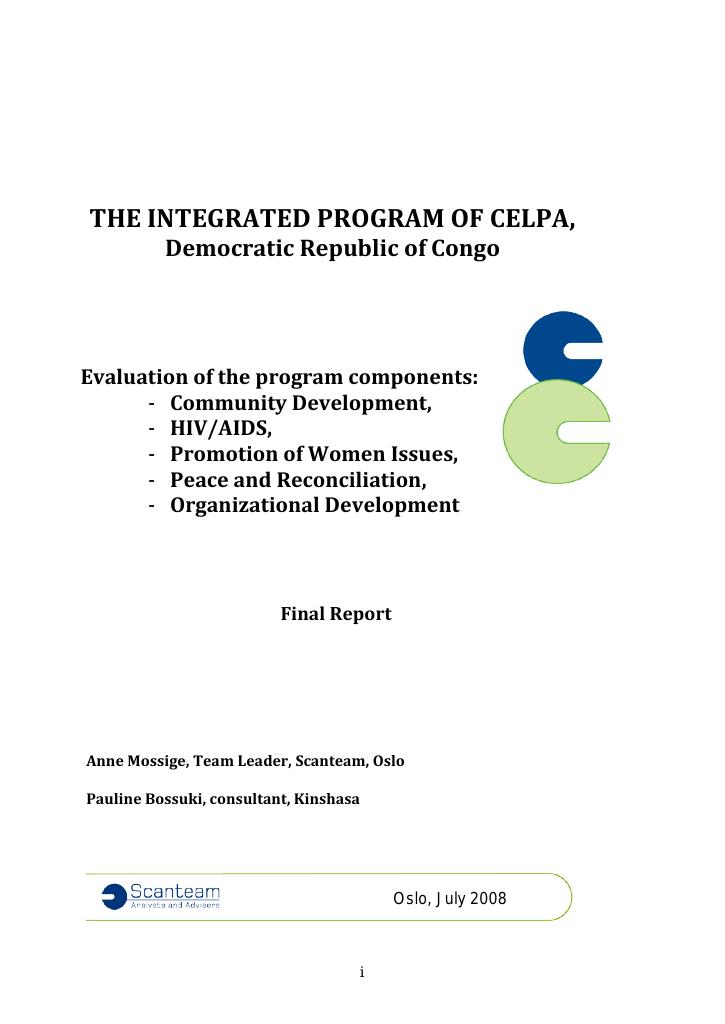 Forsiden av dokumentet The integrated program of CELPA Evaluation of the program components: Community Development, HIV/AIDS, Promotion of Women Issues, Peace and Reconciliation, Organizational Development