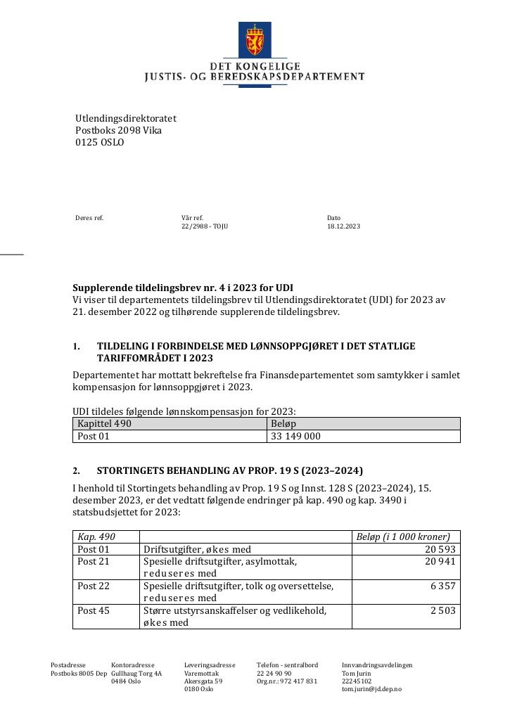 Forsiden av dokumentet Tildelingsbrev Utlendingsdirektoratet 2023 - tillegg nr. 4