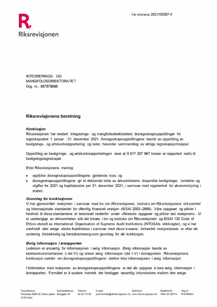 Forsiden av dokumentet Revisjonsberetning Integrerings- og mangfoldsdirektoratet 2021