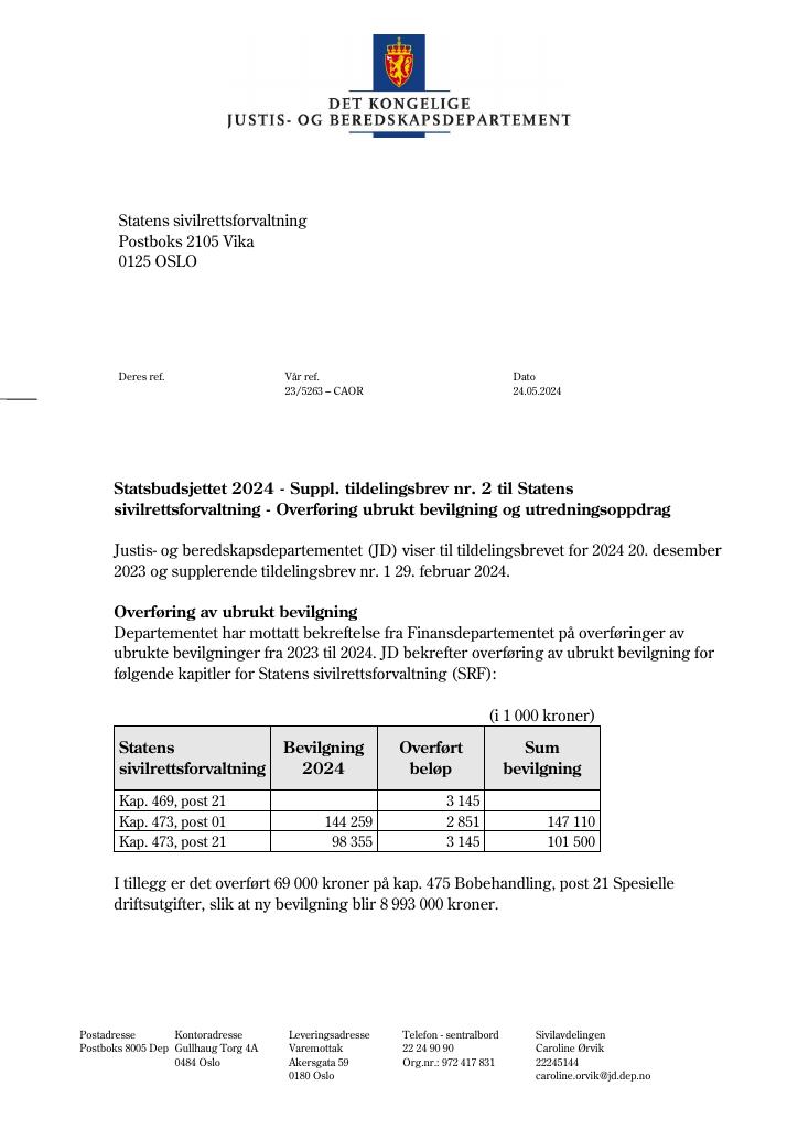 Forsiden av dokumentet Tildelingsbrev Statens sivilrettsforvaltning 2024 - tillegg nr. 2