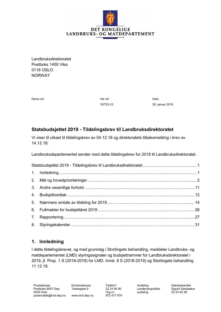 Forsiden av dokumentet Tildelingsbrev Landbruksdirektoratet 2019