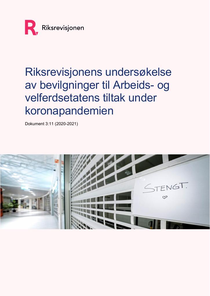Forsiden av dokumentet Riksrevisjonens undersøkelse av bevilgninger til Arbeids- og velferdsetatens tiltak under koronapandemien