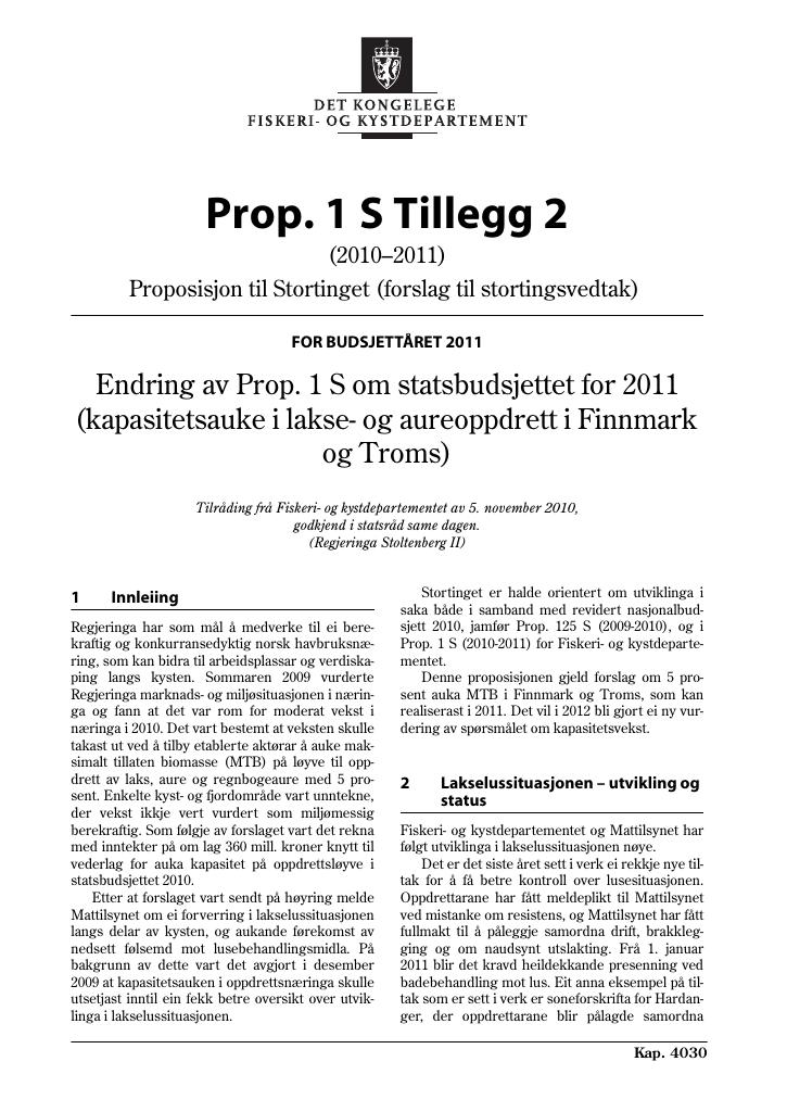 Forsiden av dokumentet Prop. 1 S Tillegg 2 (2010–2011)