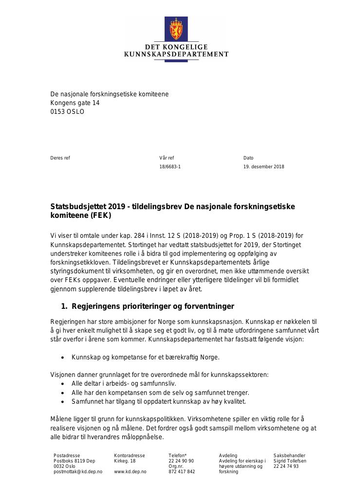 Forsiden av dokumentet Tildelingsbrev 2019