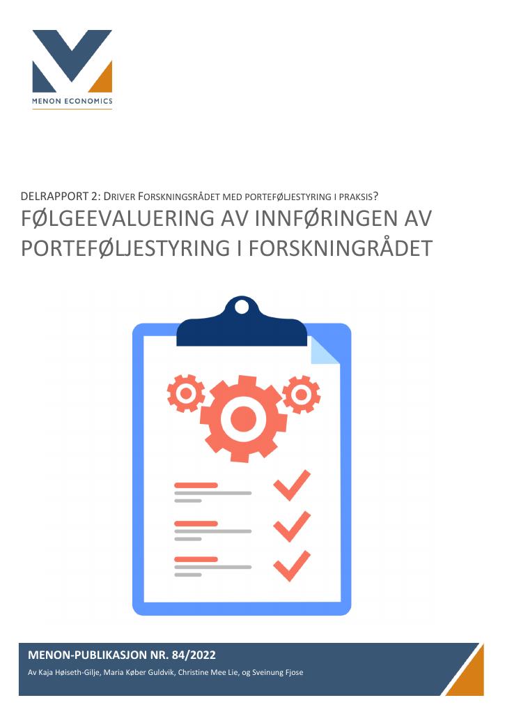Forsiden av dokumentet Delrapport 2: Følgeevaluering av innføringen av porteføljestyring i Forskningsrådet