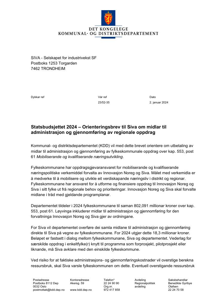 Forsiden av dokumentet Orienteringsbrev til SIVA inkl. vedlegg (pdf) 2024