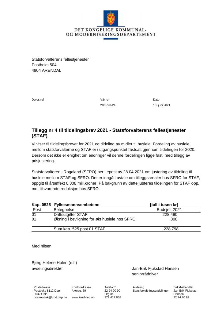 Forsiden av dokumentet Tildelingsbrev Statsforvalterens fellestjenester 2021 - tillegg nr. 4