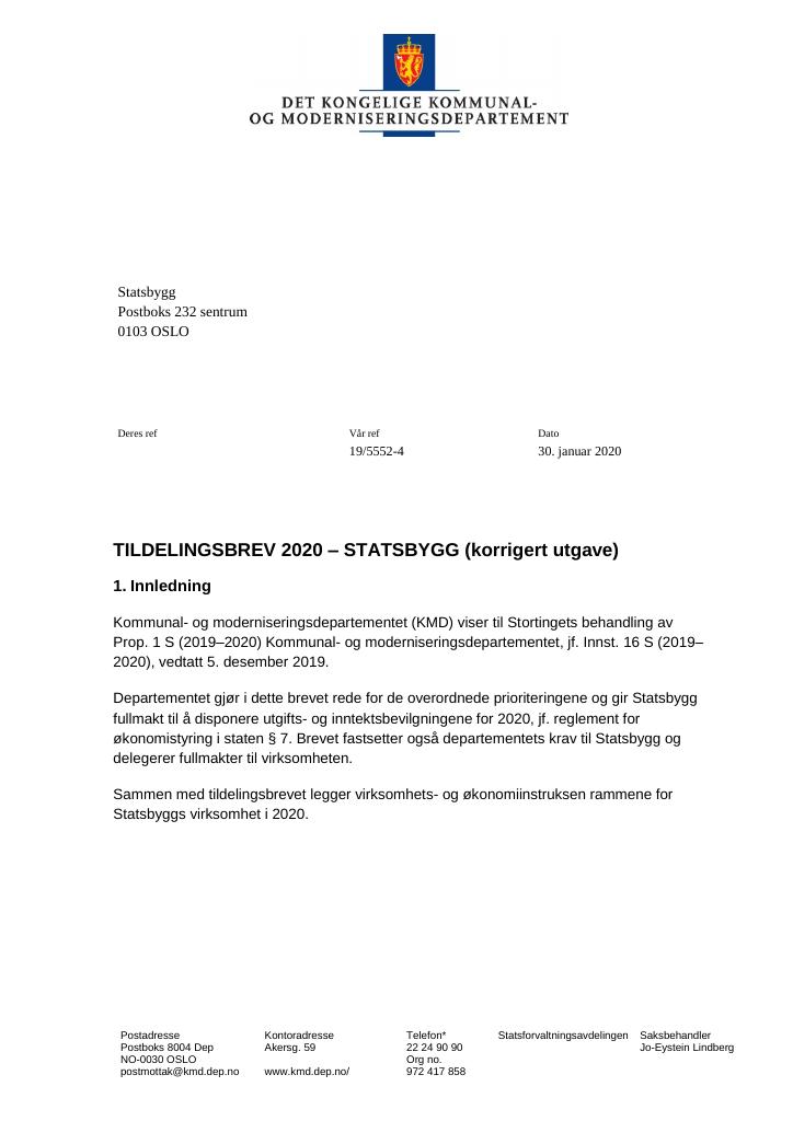 Forsiden av dokumentet Tildelingsbrev Statsbygg 2020