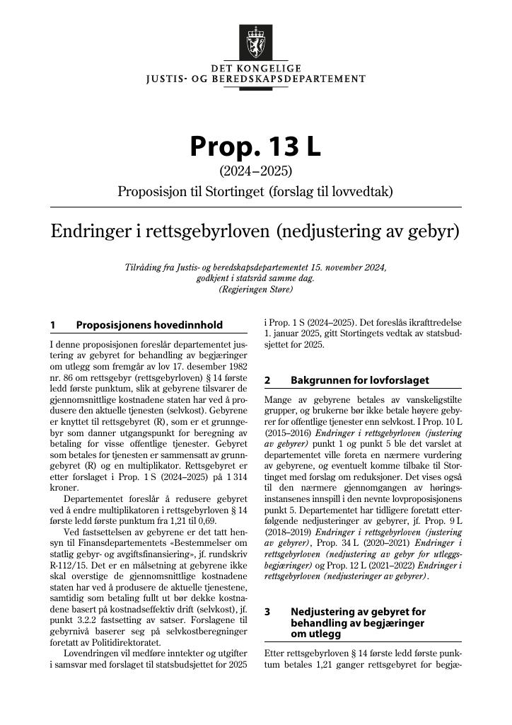 Forsiden av dokumentet Prop. 13 L (2024–2025)