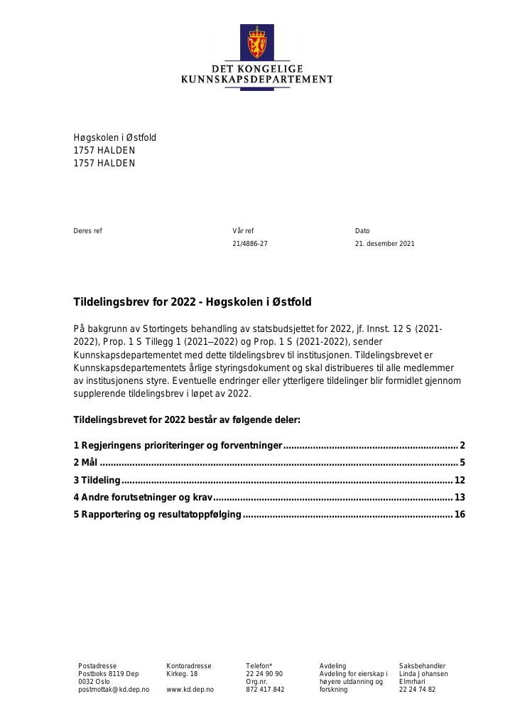 Forsiden av dokumentet Tildelingsbrev Høgskolen i Østfold 2022