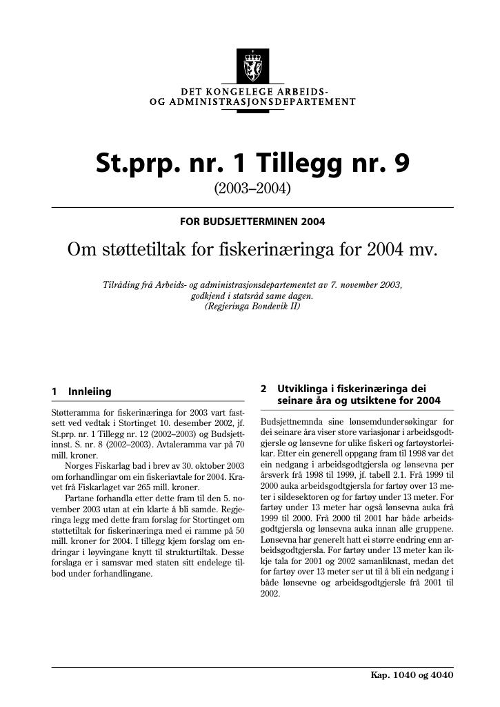 Forsiden av dokumentet St.prp nr. 1 Tillegg nr. 9 (2003-2004)