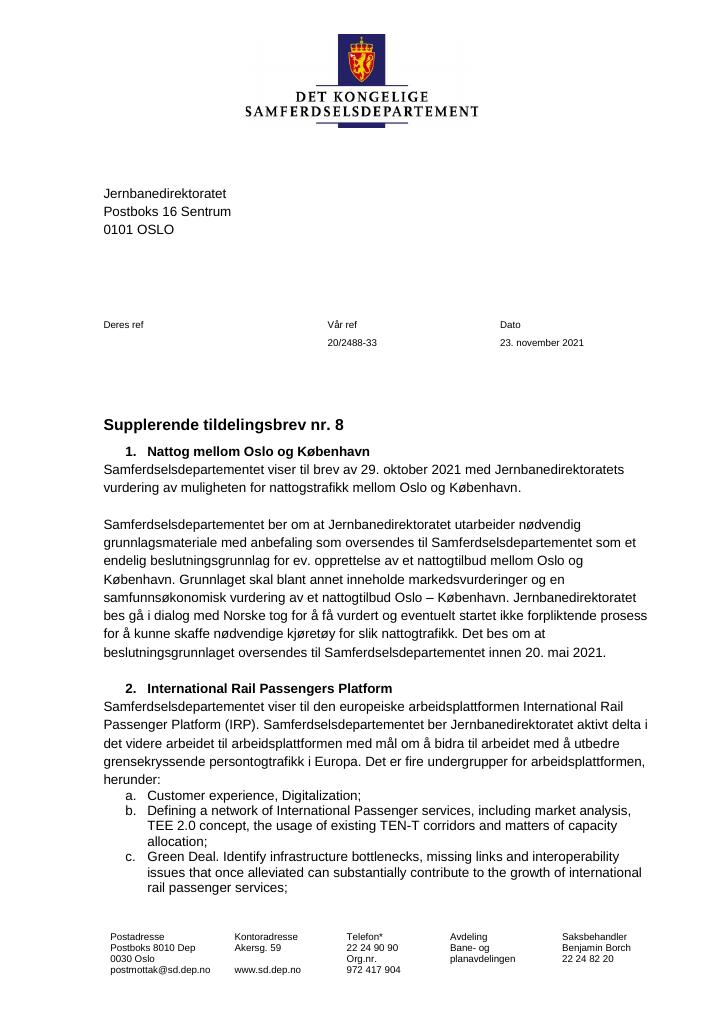 Forsiden av dokumentet Tildelingsbrev Jernbanedirektoratet 2021 - tillegg nr. 8