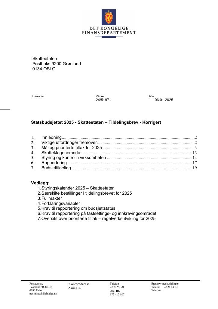 Forsiden av dokumentet Tildelingsbrev Skatteetaten 2025