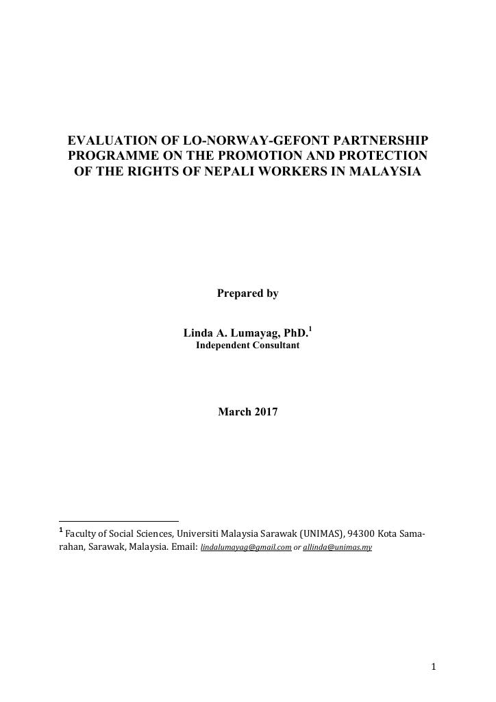 Forsiden av dokumentet Evaluation of LO-Norway-Gefont Partnership Programme on the Promotion and Protection of the Rights of Nepali Workers in Malaysia