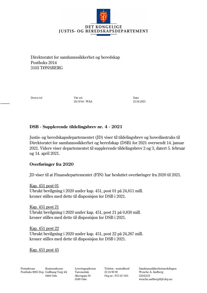 Forsiden av dokumentet Supplerende tildelingsbrev nr. 4 (PDF)