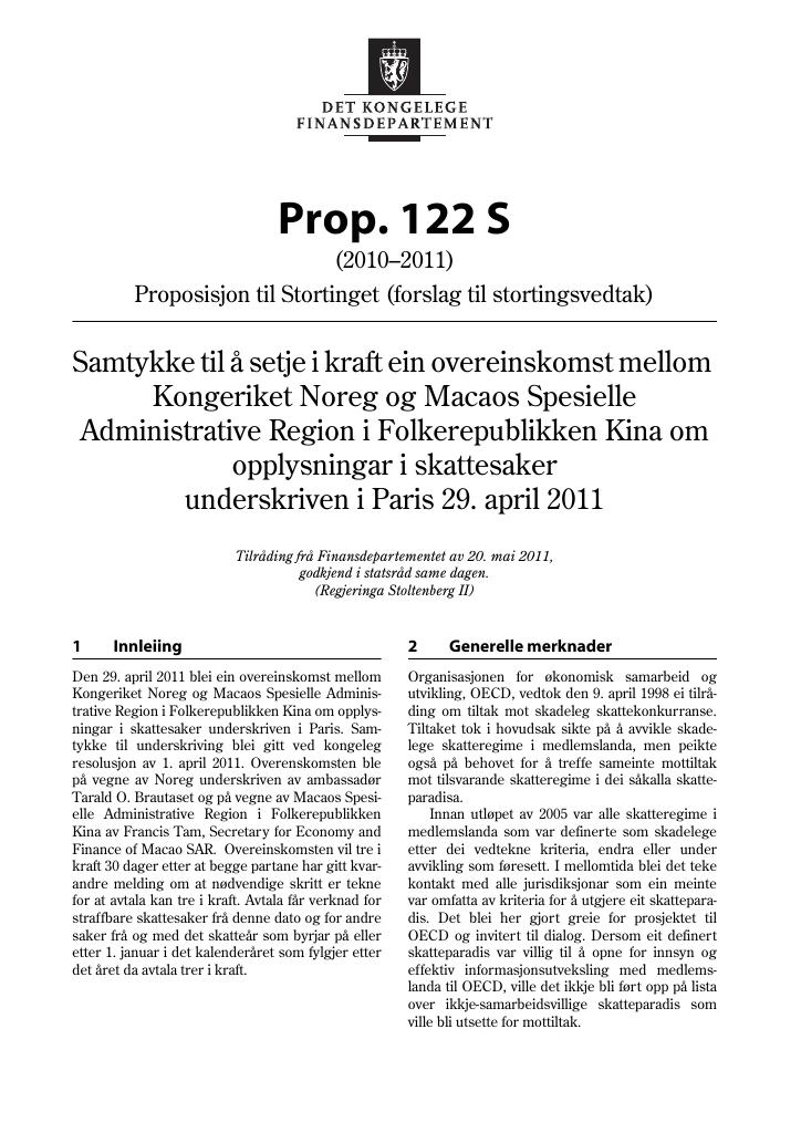 Forsiden av dokumentet Prop. 122 S (2010–2011)