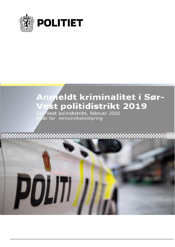 Forsiden av dokumentet STRASAK-rapport Sør-Vest politidistrikt 2019