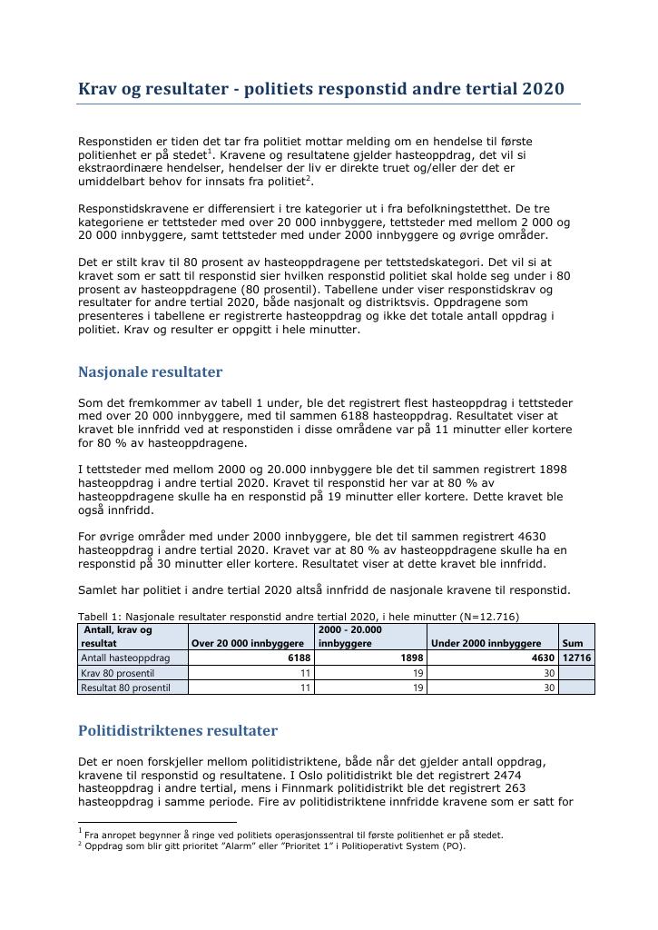 Forsiden av dokumentet Krav og resultater - politiets responstid andre tertial 2020