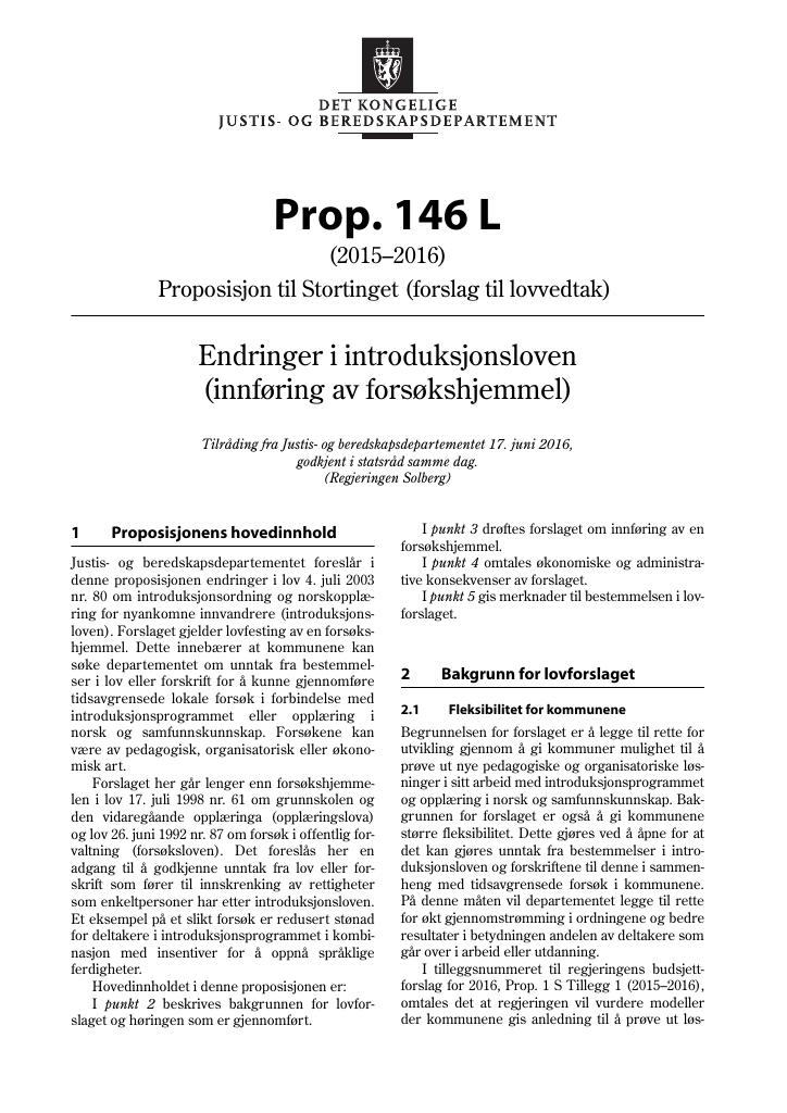 Forsiden av dokumentet Prop. 146 L (2015–2016)