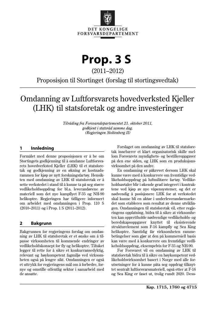 Forsiden av dokumentet Prop. 3 S  (2011–2012)
