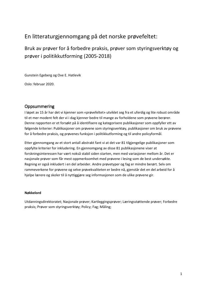 Forsiden av dokumentet Bruk av prøver for å forbedre praksis, prøver som styringsverktøy og prøver i politikkutforming (2005-2018)