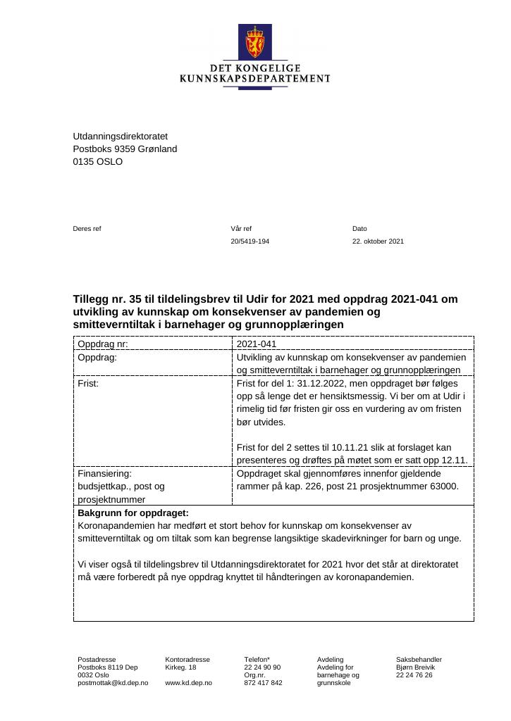 Forsiden av dokumentet Tildelingsbrev Utdanningsdirektoratet 2021 - tillegg nr. 35