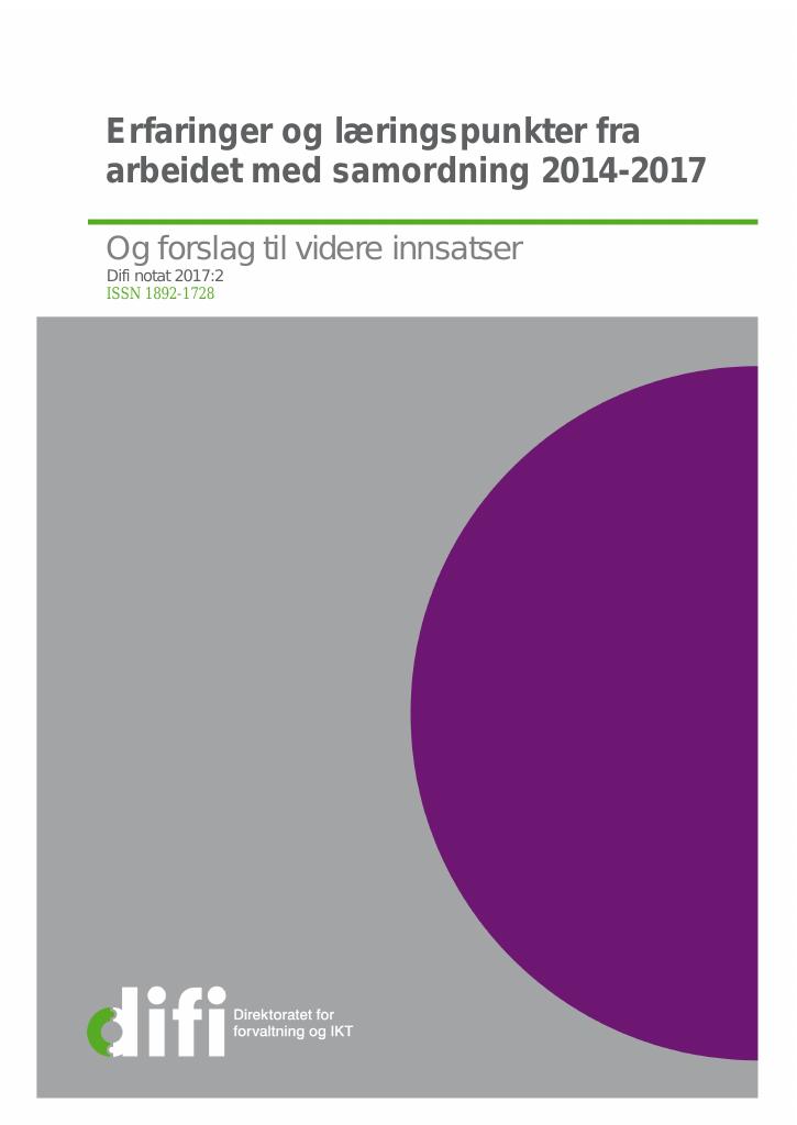 Forsiden av dokumentet Erfaringer og læringspunkter fra arbeidet med samordning 2014-2017 - Og forslag til videre innsatser