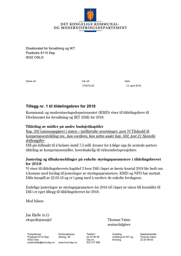 Forsiden av dokumentet Tildelingsbrev Digdir 2018 - tillegg nr. 1