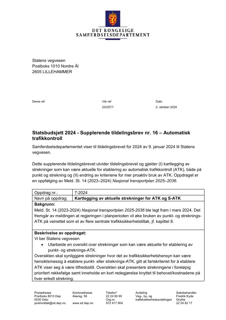 Forsiden av dokumentet Tildelingsbrev Statens vegvesen 2024 - tillegg nr. 16