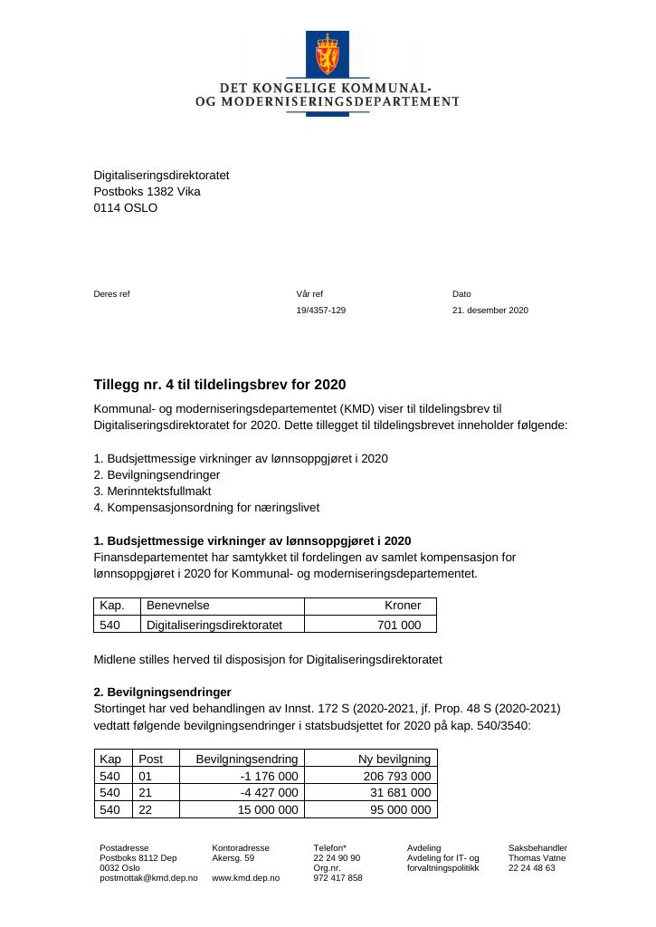 Forsiden av dokumentet Tildelingsbrev Digdir 2020 - tillegg nr. 4