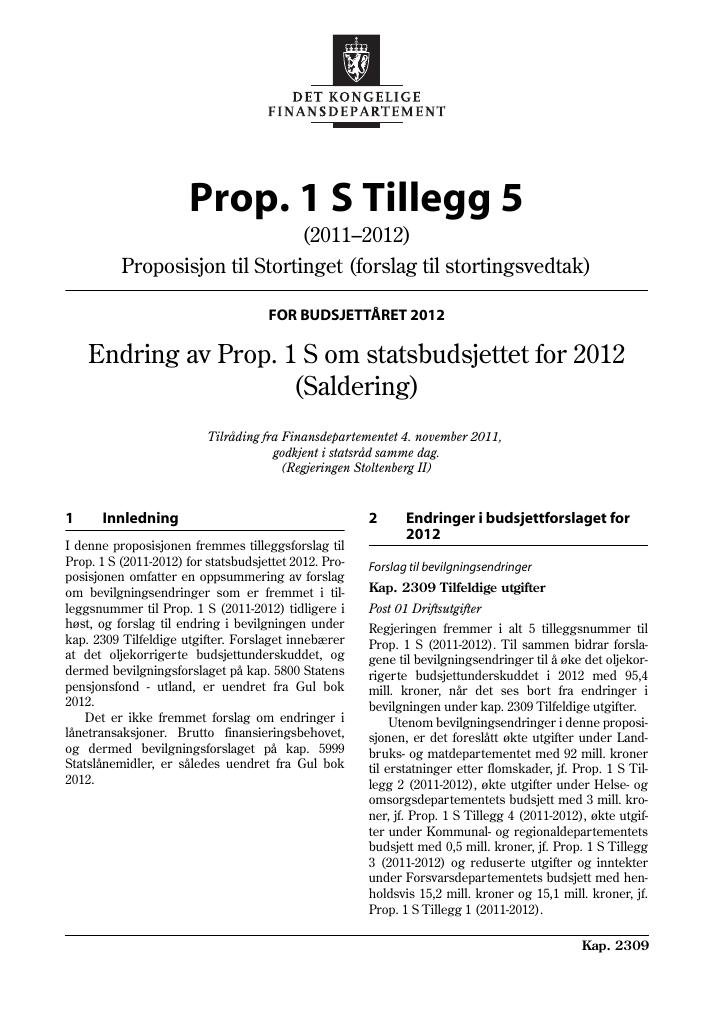 Forsiden av dokumentet Prop. 1 S Tillegg 5 (2011–2012)
