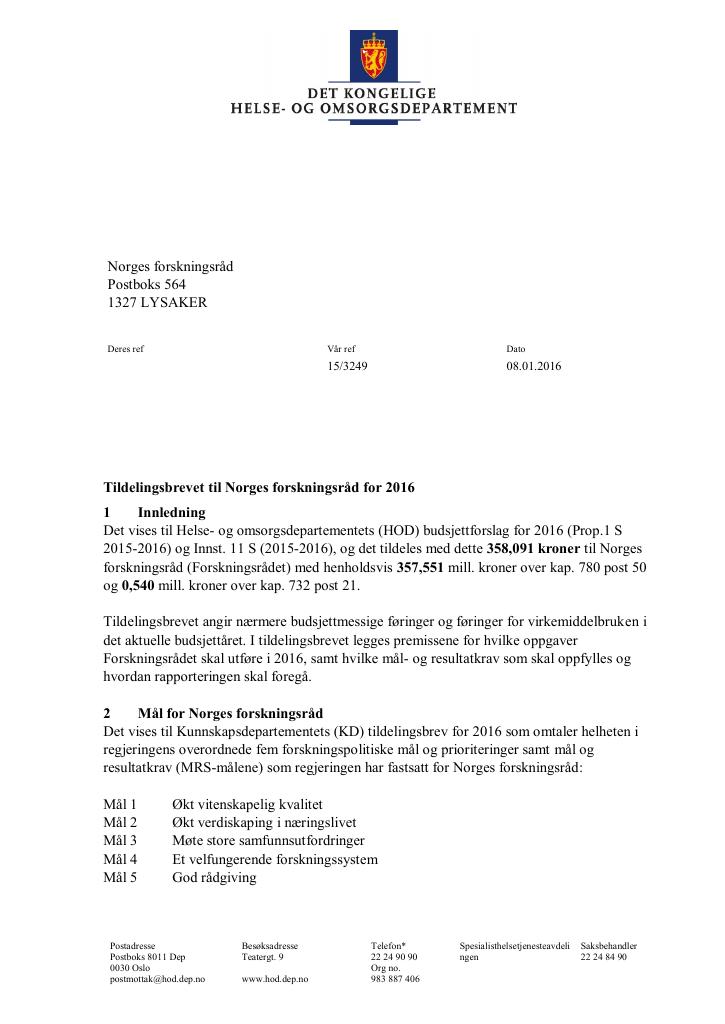 Forsiden av dokumentet Tildelingsbrev (pdf)