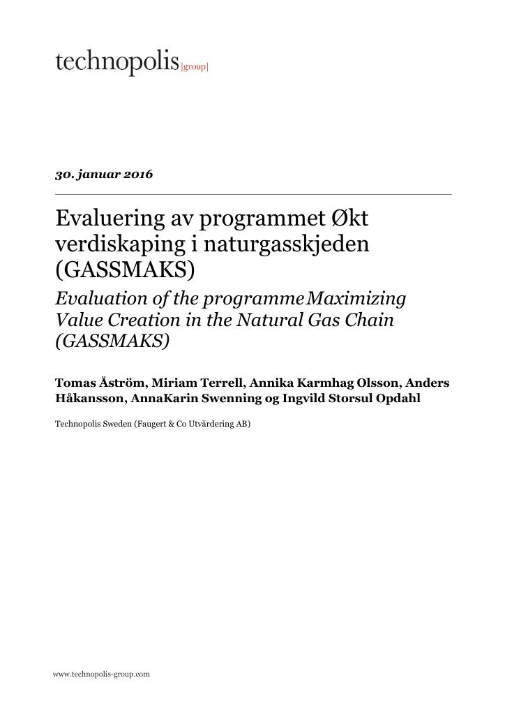 Forsiden av dokumentet Evaluering av programmet Økt verdiskaping i naturgasskjeden (GASSMAKS)