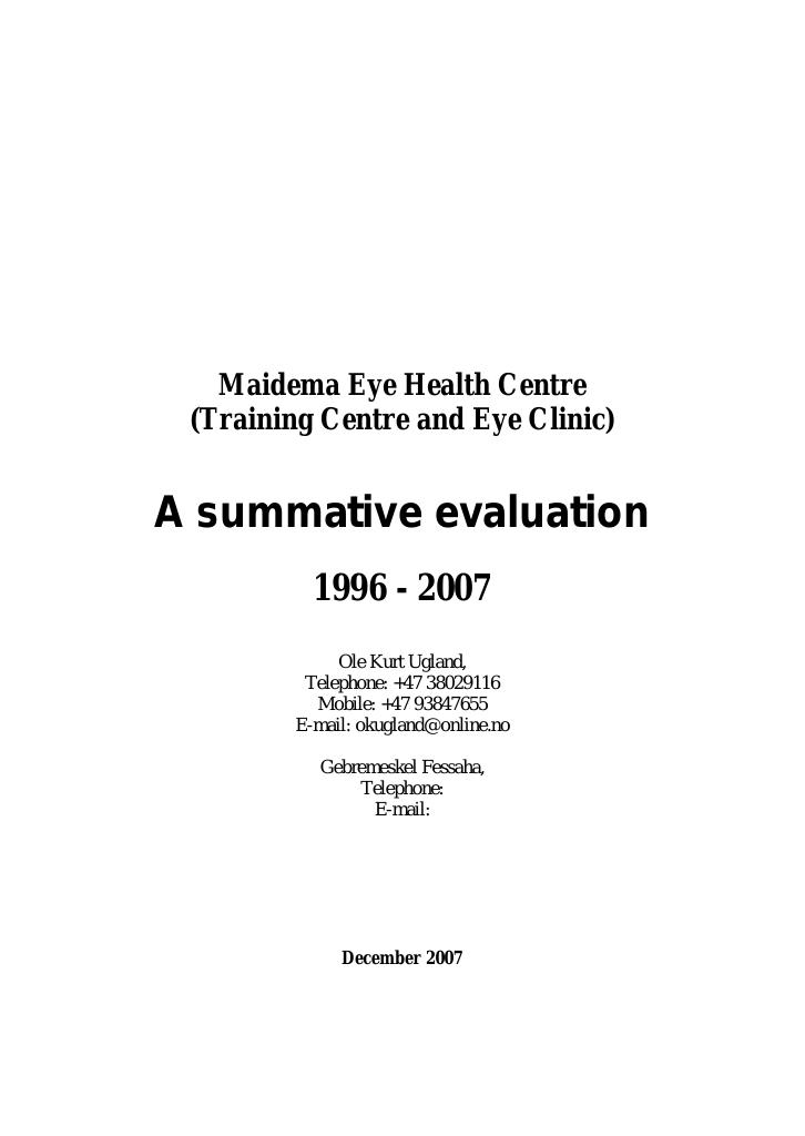 Forsiden av dokumentet Maidema Eye Health Centre (Training Centre and Eye Clinic) - A summative evaluation 1996-2007