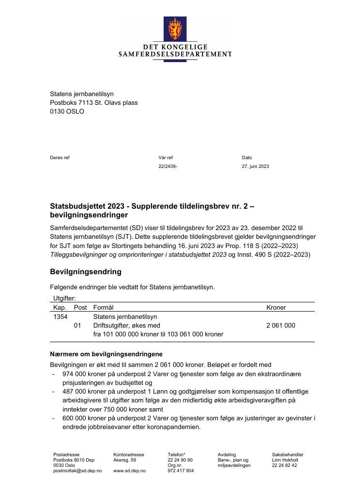 Forsiden av dokumentet Tildelingsbrev Statens jernbanetilsyn 2023 - tillegg nr. 2
