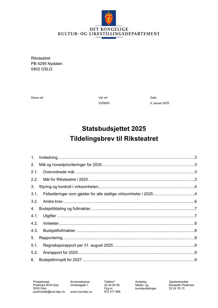 Forsiden av dokumentet Tildelingsbrev Riksteatret 2025