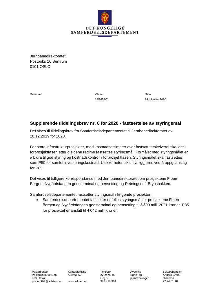 Forsiden av dokumentet Supplerende tildelingsbrev Jernbanedirektoratet 2020 - nr. 6