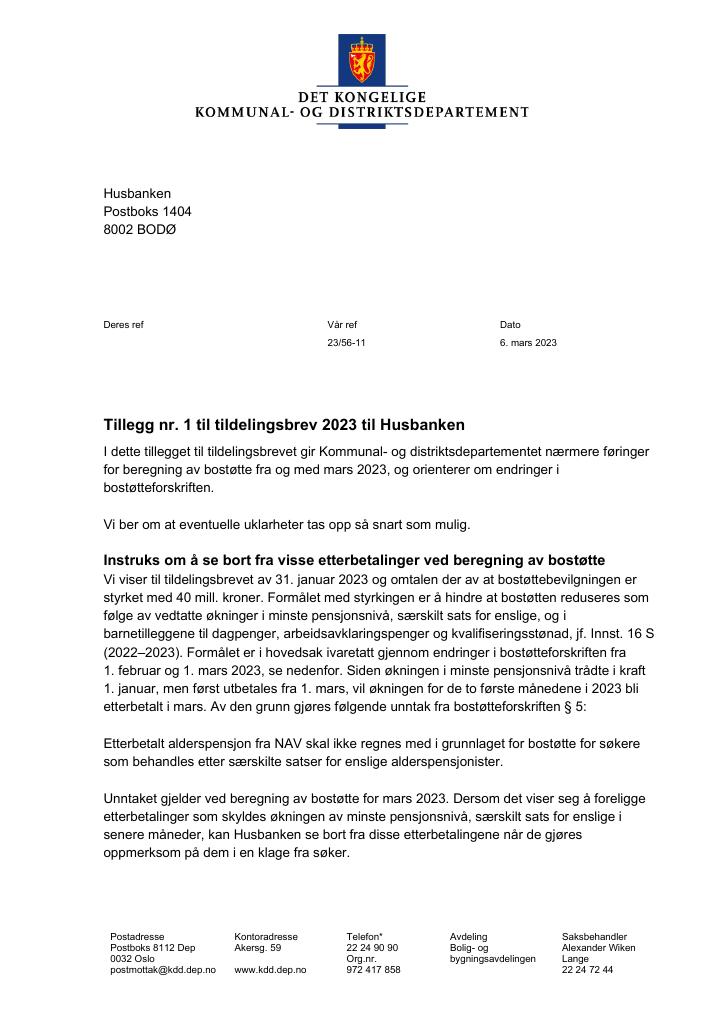 Tildelingsbrev Husbanken 2023 - Tillegg Nr. 1 - Kudos