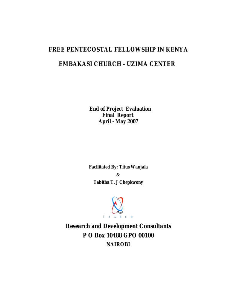 Forsiden av dokumentet Evaluation of Uzima centre, Pentecostal Foreign Mission of Norway, Kenya