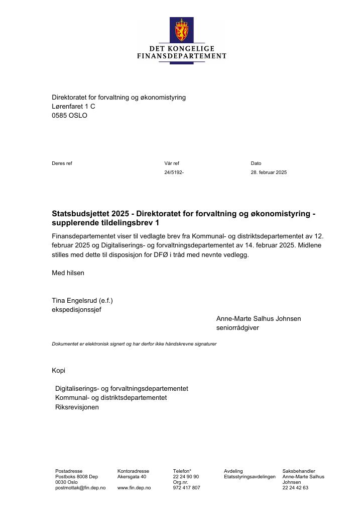 Forsiden av dokumentet Tildelingsbrev Direktoratet for forvaltning og økonomistyring 2025 - tillegg nr. 1
