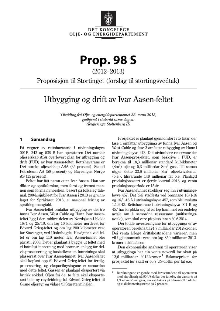 Forsiden av dokumentet Prop. 98 S (2012–2013)